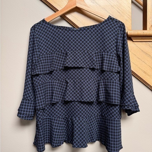 Ann Taylor Womens Blouse Medium Bell Sleeve Navy Ruffles Layered Office Career - Picture 1 of 7